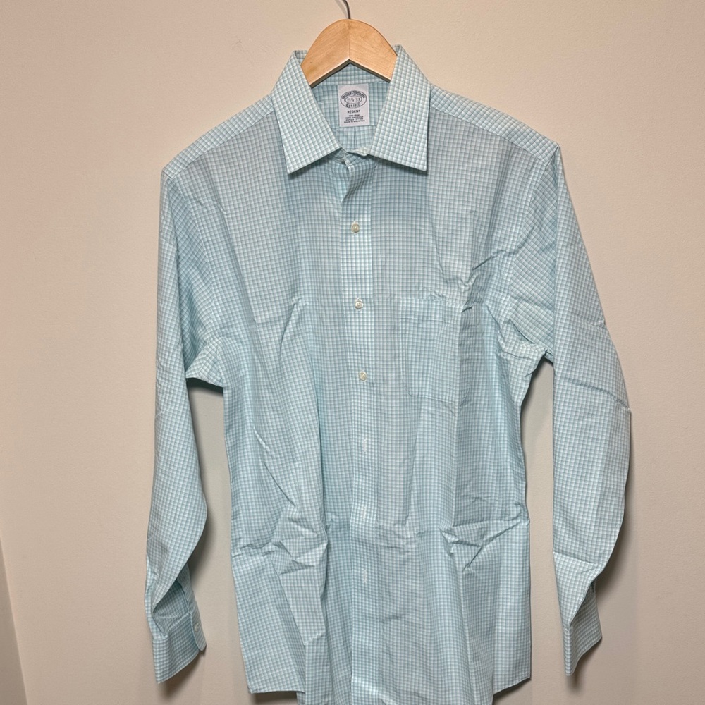 Brooks Brothers Aqua Check Dress Shirt, Men's  15.5